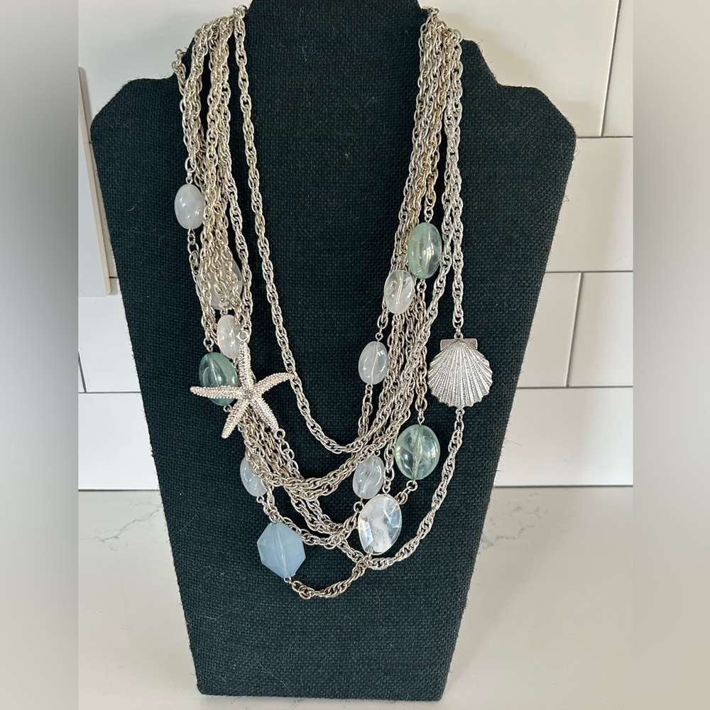 Talbots Beachy Multi-Strand Statement Necklace Starfish Seashell Beaded Silver